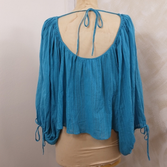 INC International Concepts 100% Cotton Tie Back Peasant Top (S, Aztec Teal) - Picture 2 of 9